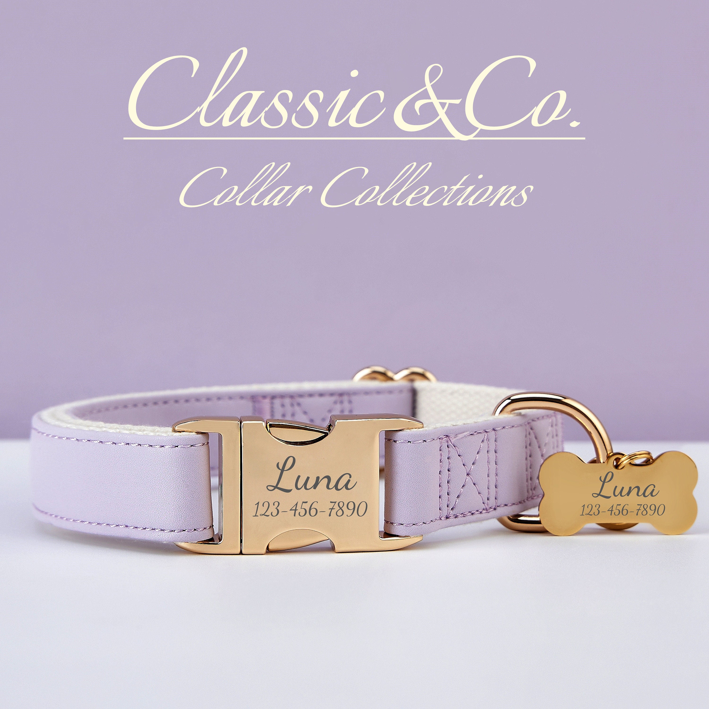 Lilac Waterproof PU Leather Dog Collar & Lead, Solid Dog Purple Collar Leash Set, Free Engraved Metal Buckle Name Tag, Wedding Puppy Gift