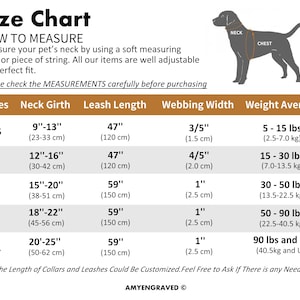 May include: Size chart for dog collars and leashes, showing neck girth, leash length, webbing width, and weight average in inches and pounds. Sizes include XS, S, M, L, and XL.