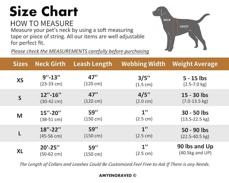 May include: Size chart for dog collars and leashes, showing neck girth, leash length, webbing width, and weight average in inches and pounds. Sizes include XS, S, M, L, and XL.
