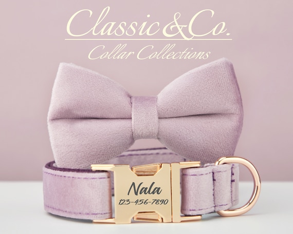 Lavender Velvet Dog Collar Lead Set With Bow Tie,Custom Puppy Name Tag Girl Dog Collar and Leash Set with Bell