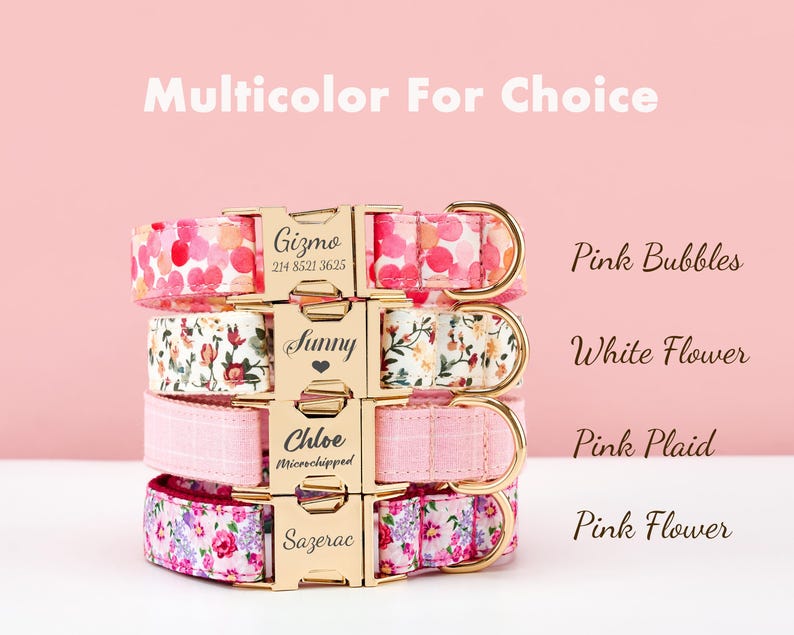 May include: A stack of four dog collars with gold-colored buckles, each with a different pink pattern: pink bubbles, white flower, pink plaid, and pink flower. The text "Multicolor For Choice" is at the top.
