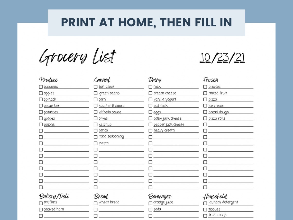 Printable Grocery List - PDF Printable, Instant Download, Simple ...