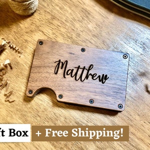 Billetera minimalista de madera personalizada, tarjetero, billetera delgada RFID, regalo personalizado para él, esposo, novio, regalo de cumpleaños, clip para billetes