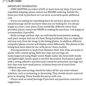 May include: Text from RJM Creates, including information about free shipping on orders over $35, custom orders, and handmade earrings and hair clips. The text also mentions materials like stainless steel, maple wood, and acrylic paint.