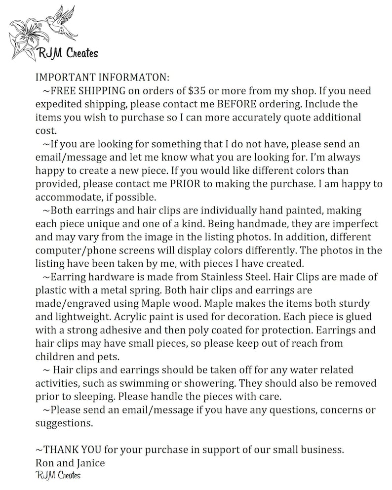 May include: Text from RJM Creates, including information about free shipping on orders over $35, custom orders, and handmade earrings and hair clips. The text also mentions materials like stainless steel, maple wood, and acrylic paint.