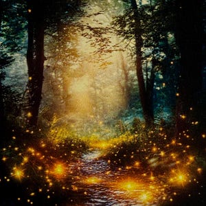 May include: A serene forest scene with a path leading into the light. Tall trees frame the path, with golden sparkles illuminating the ground and the air. The image evokes a sense of mystery and wonder.