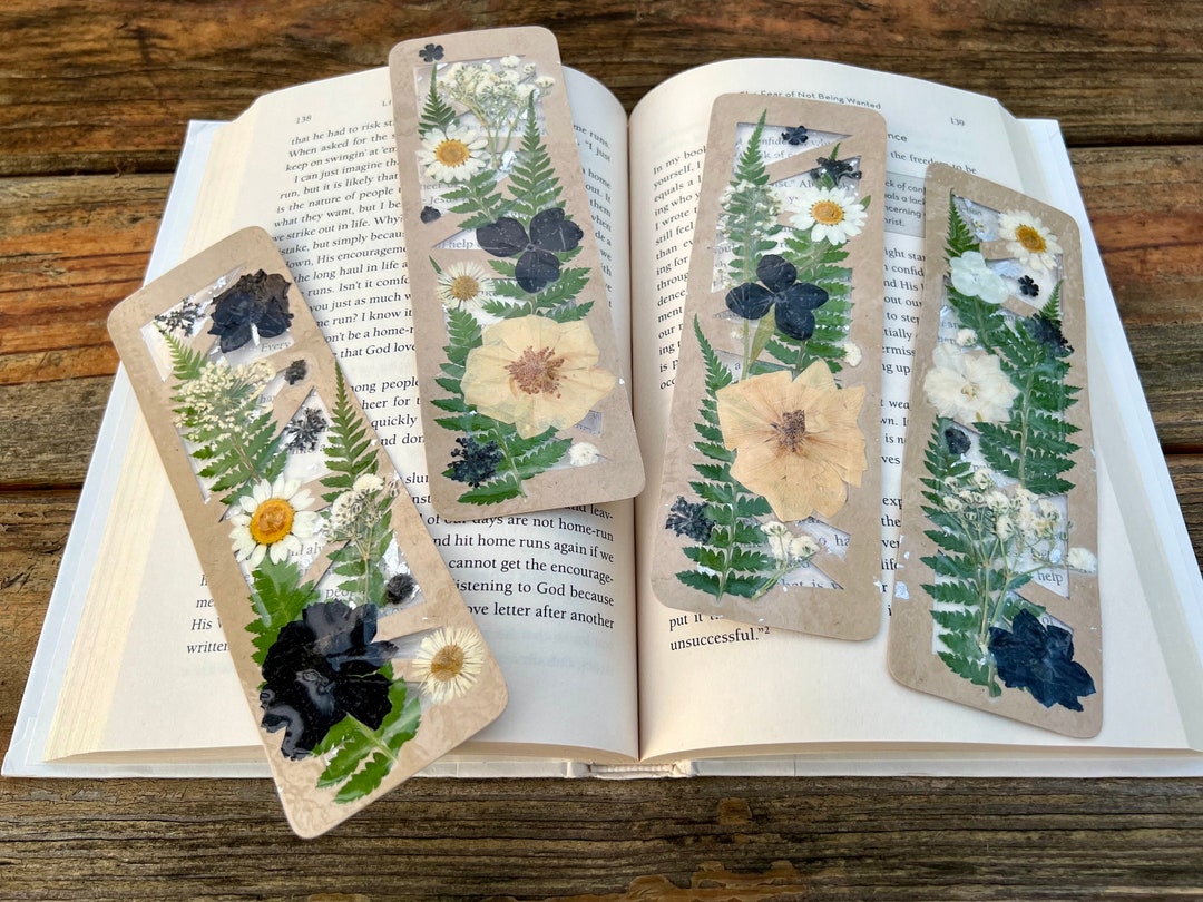 Pressed Flower Bookmark: Black & White Blooms, Geometric Silver Flakes ...