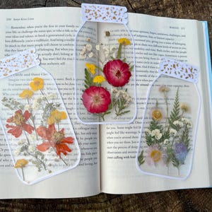 May include: Three clear jar-shaped bookmarks filled with dried flowers, resting on an open book. The flowers are in shades of red, yellow, and purple. The bookmarks have a white border and a decorative top.