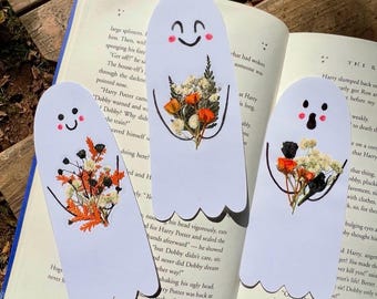 Ghost Bookmark with Real Flower Boo-quet: Handmade Bookish Gift