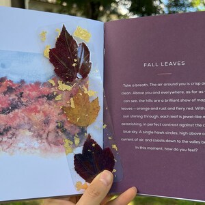 May include: A book with a bookmark featuring pressed fall leaves and gold leaf accents. The book's page is open to a text about fall leaves, with the words "Fall Leaves" at the top of the page.