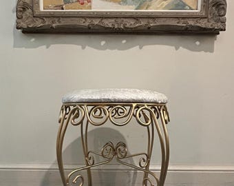 SOLD!** Please DO NOT Purchase.  Cream and Gold Vintage Vanity Stool / Writing Desk Bench / Re-Upholstered Chair
