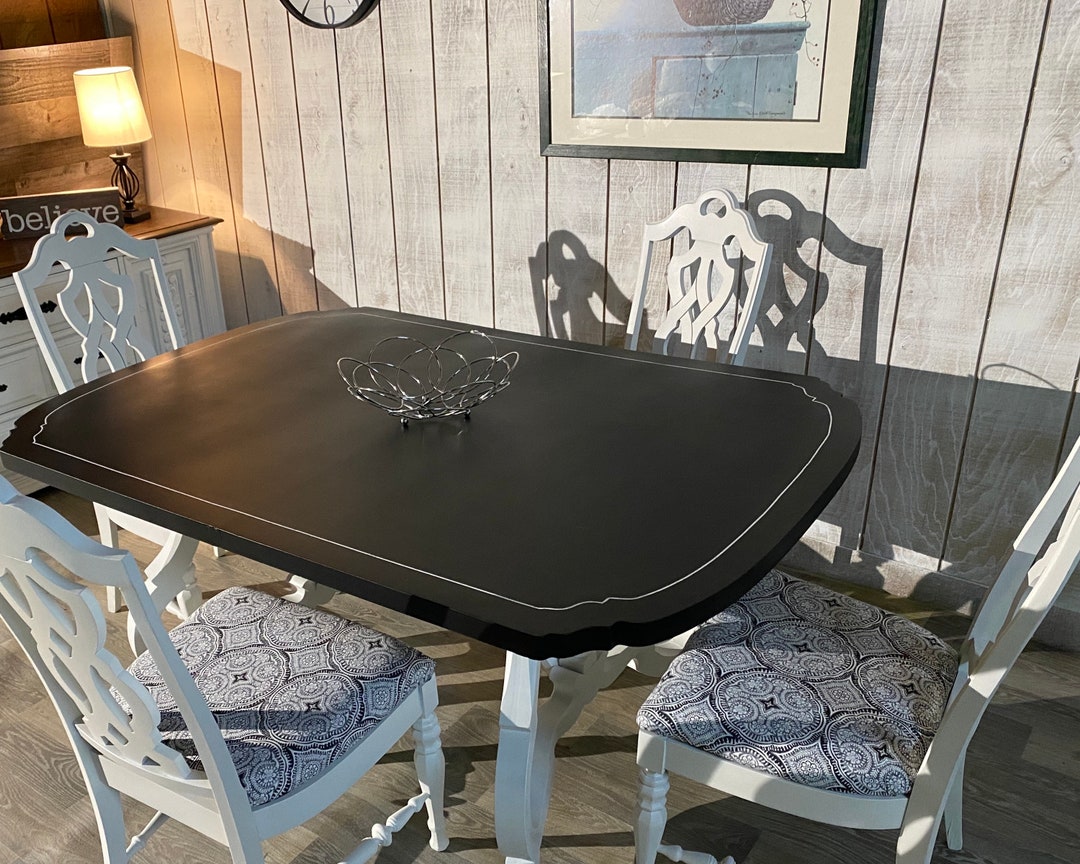 Black and White Kitchen Table and Four Chair Set Upholstered With Indoor/outdoor Fabric Etsy