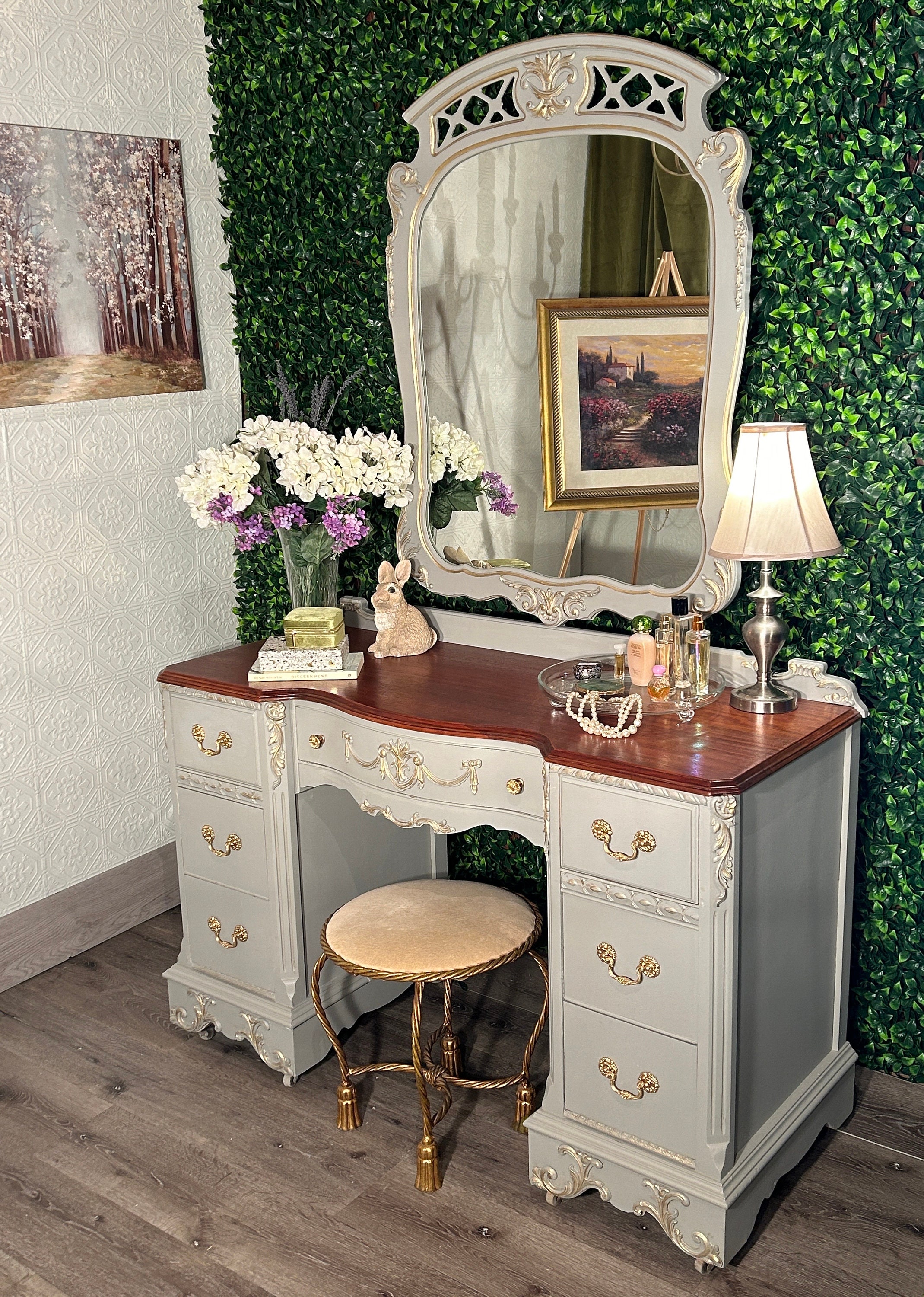 SOLD!** - Please Do Not Purchase. Vintage Vanity W/ Mirror, Cherry Top Gray  W Gold Accents - Seven Drawers Lined W/ Bird \u0026 Floral Paper - Etsy, image size:2139x3000
