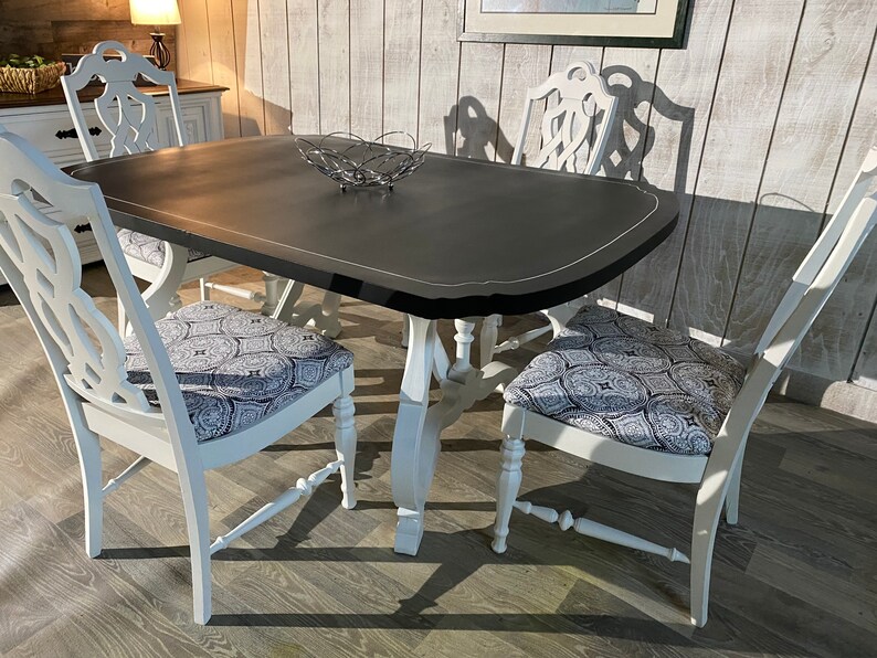 Black and White Kitchen Table and Four Chair Set Upholstered With Indoor/outdoor Fabric Etsy