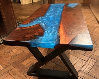 Resin River Coffee Table Black Walnut w Blue Epoxy Iron Legs *Free Shipping