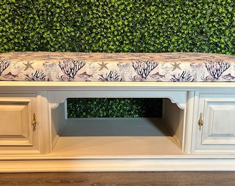 Banco o mesa de centro Ethan Allen vintage con almacenamiento Impresionante cojín de espuma viscoelástica color crema, azul marino, morado y malva Ocean