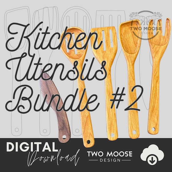 Kitchen Utensils SVG Files Bundle #2 - CNC | Slotted Spoon File Project - 5 Spatula, Spoon, & Butter Knife Templates