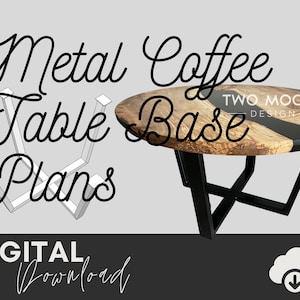 May include: Digital download plans for a metal coffee table base. The base is black metal and has a simple, modern design. The plans are for a table with a round, wooden top.