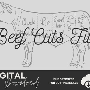 May include: A black and white line drawing of a cow with labels showing the different cuts of beef. The text "Beef Cuts File" is written in a stylized font. The text "DIGITAL Download" is written below the image. The text "FILE OPTIMIZED FOR CUTTING INLAYS" is written below the text "DIGITAL Download". A cloud icon with a downward arrow is to the right of the text.
