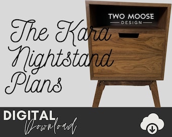 Könnte beinhalten: Digitale Download-Pläne zum Bau eines Nachttisches aus Holz namens "The Kara Nightstand". Der Nachttisch ist aus dunklem Holz mit einer Schublade und einem Regal. Die Pläne stammen von Two Moose Design.