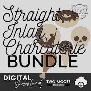 Op de afbeelding: Digitale download van een bundel rechte inlay charcuterie-plank ontwerpen. De ontwerpen omvatten een kat, een schedel, een druipende ijshoorn en een kippenpoot. De tekst "Straight Inlay Charcuterie Bundle" is in zwarte cursieve lettertypen. De tekst "Digital Download" is in zwart en wit. De tekst "Two Moose Design" is in zwart en wit.