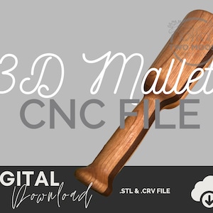 Könnte beinhalten: Ein digitaler Download einer 3D-CNC-Datei für einen Holzhammer. Die Datei ist in den Formaten STL und CRV verfügbar. Das Bild zeigt eine Darstellung des Hammers, der ein braunes und schwarzes Holzmaserungsmuster aufweist.