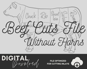 Beef Cuts SVG - Polled Cow - Beef Butcher Choice Cuts File Without Horns - Cow File - Inlay Friendly File