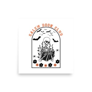 Club de lectura de Salem, cartel de Halloween, cartel de esqueleto, cartel de amante de los libros, cartel del club de lectura, cartel de temporada espeluznante, cartel de otoño, cartel de murciélago