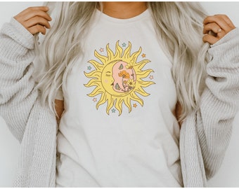 Celestial TShirt, Sunshine Shirt, Gift For Her, Sun And Moon, Boho Shirt, Retro Sun Shirt, Here Comes The Sun, Summer Tee