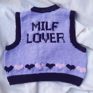 Hand-knitted sweater vest /Milf Lover Knitted vest / Personalized gift / Knitwear women/ Knitted artwork / Sleeveless vest / Unisex Gift