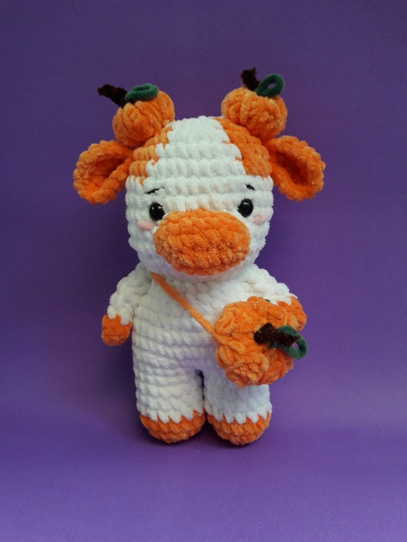 Pumpkin Cow Crochet, Stuffed Animal Amigurumi, Halloween & Autumn Crochet,  Cute Cow Plushie, Pumpkin Crochet, Animal Plushie, Kawaii Cow Toy 