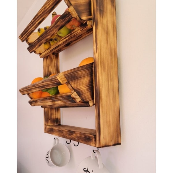 2 tier wall hanging storage basket with shelf and hooks, kitchen storage, fruit and vegetable basket