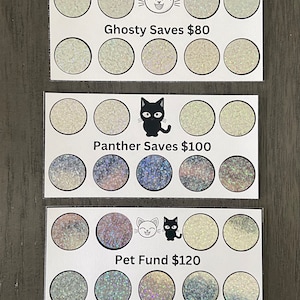 May include: Three white cards with a grid of circles. Each card has a cartoon cat and text. The first card says "Ghosty Saves $80", the second card says "Panther Saves $100", and the third card says "Pet Fund $120".