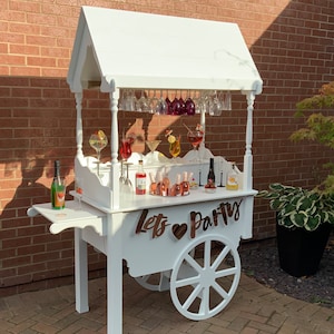 Candy Cart, Champagne cart, Prosecco cart, drinks trolly, portable bar, champagne bar, Mimosa Stand fully collapsible, wooden white cart,