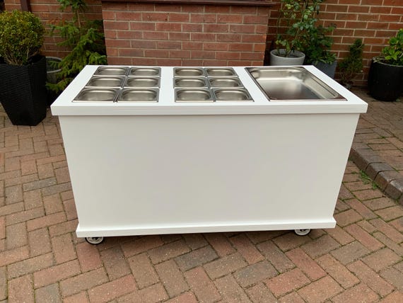 Collapsible Charcuterie Cart, Mobile Snack Bar, White Satin Paint, with Stainless Steel Tins
