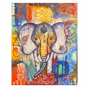 Original Abstract Mixed Media Acrylic Painting, &quot;Sunset on the Savannah&quot;, Elephant Motif, Multi-Color, 16x20 Stretched Canvas