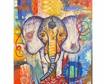Original Abstract Mixed Media Acrylic Painting, "Sunset on the Savannah", Elephant Motif, Multi-Color, 16x20 Stretched Canvas