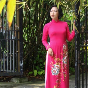 Fuchsia Ao Dài with Handcrafted Flowers & Crystals