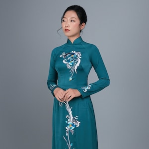 Custom-made Hand-painted Teal Silk Ao Dai with Embroidered Floral Motif