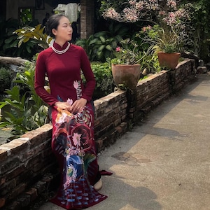 Custom Hand-Painted Lotus Ao Dai - Silk Dress with Pants