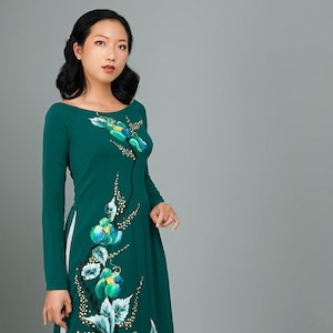 Women&#39;s Vietnamese Ao Dai Dress - Hand-Painted Design on Green Silk - Custom Made