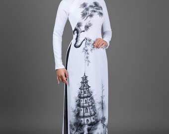 Custom-made Hand-painted White Silk Ao Dai with Pagoda Motif