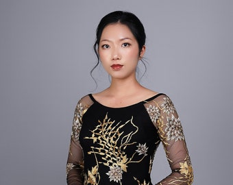 Custom Ao Dai. Floral motif lace over black chiffon fabric.