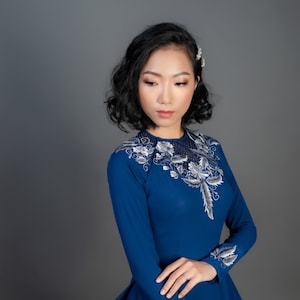 Custom Blue Silk Ao Dai with Floral Embroidery