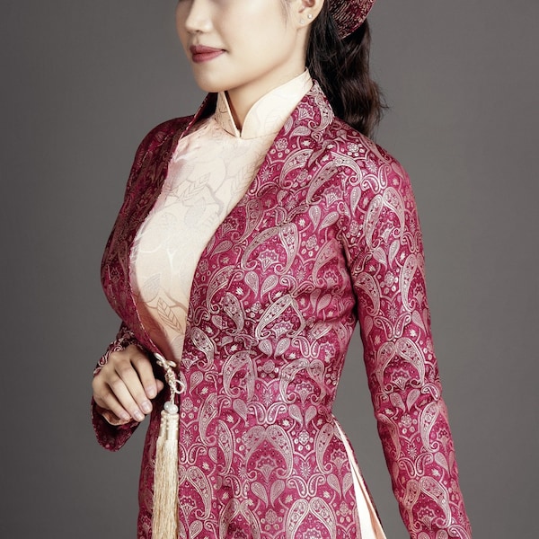 SAMPLE ONLY - US size 4 - Wedding ao dai Vietnam traditional dress in coral pink silk color, plus long coat in wine colored brocade fabric