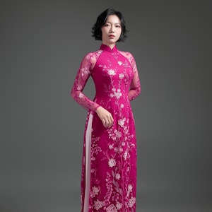 Pink Lace Ao Dai with Lotus Embroidery