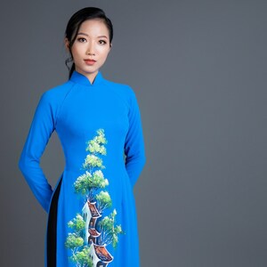 Ao dai Vietnam traditional dress in hand painted blue silk