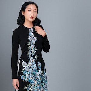 Hand-Painted Peacock Ao Dai - Custom Black Silk Traditional Dress