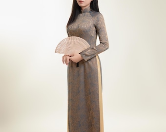 Tela de seda tailandesa Tuan con brocado Ao Dai y estampado floral negro y dorado