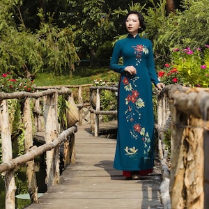 Teal Ao Dài with Handcrafted Flowers & Crystals